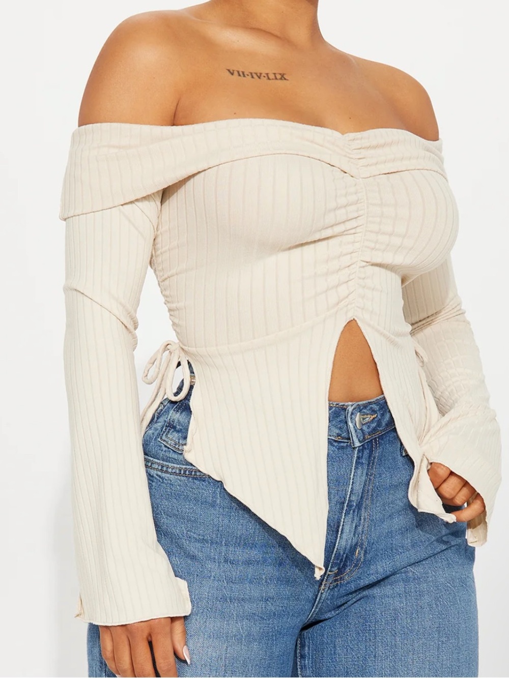 Fashion Nova Sand Off-Shoulder Ribbed Top